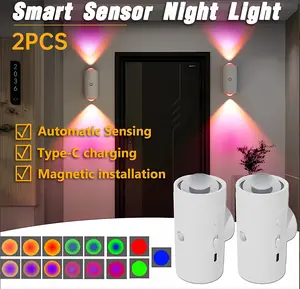 Smart Rechargeable LED Night Light with Motion Sensor RGB Gradient Ambient Lighting Dimmable Wall Lamp Magnetic Stick-On Design USB Charging Ultra-Long Battery Life 3 Modes for Bedroom Stairs Hallway Entryway modern