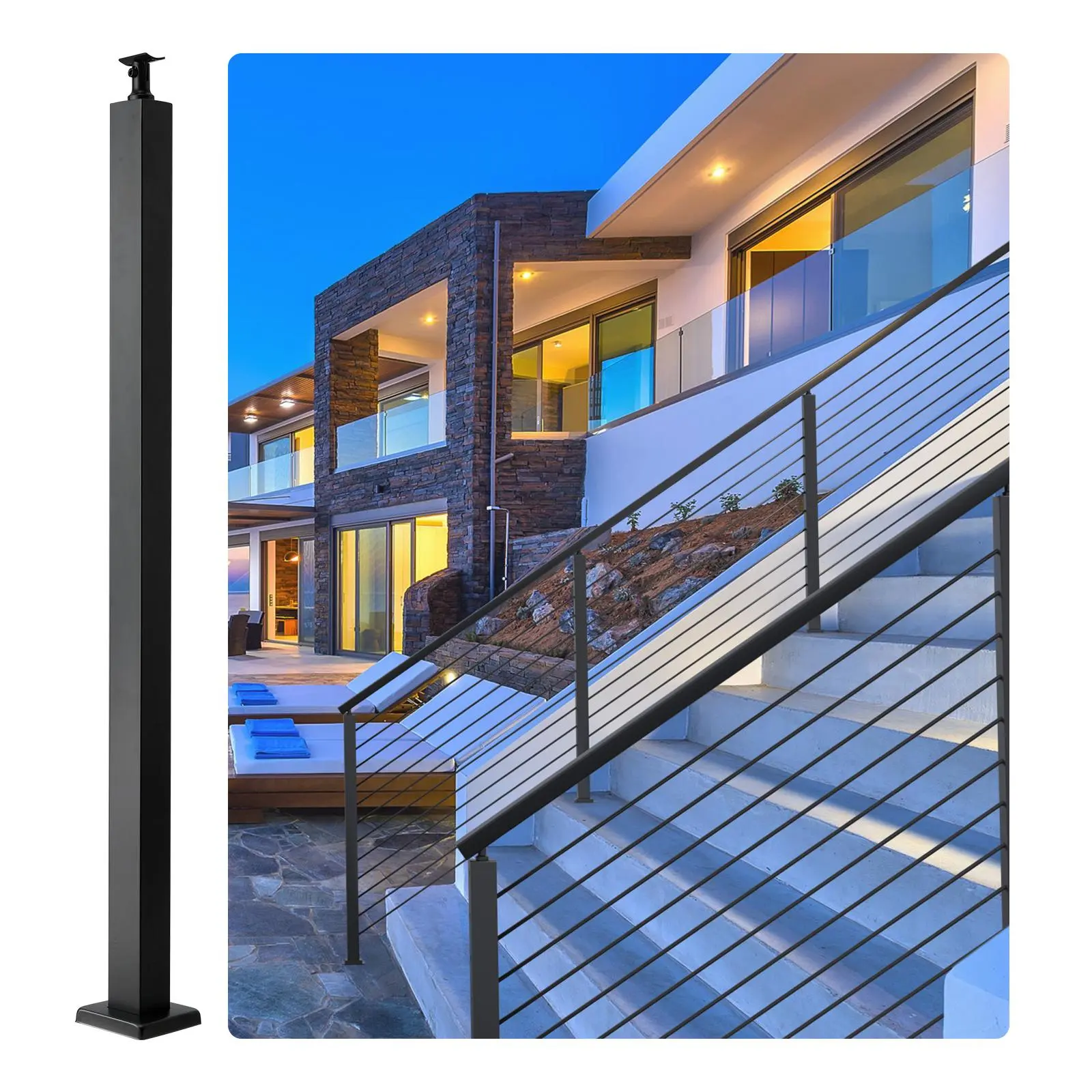 VEVOR SUS304 Metal Holeless Rail Cable Support Post, 36" H x 2" W, Durable Construction, DIY Customization, Horizontal & Curved Brackets, Modern Design, for Outdoor Patio Stairs Residential Home Improvement, Exterior