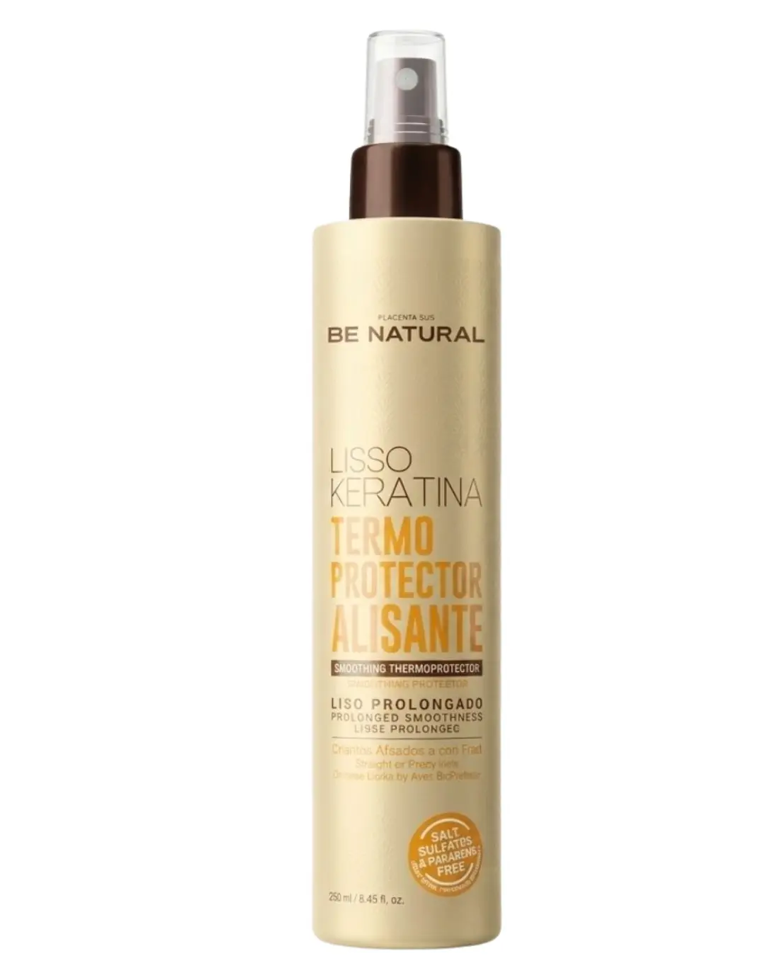 Be Natural Keratin Spray Thermoprotector - 250ml Heat Protect Straightening Curly Hair, Silky Anti-Frizz Frizz Control for Dry & Damaged Hair, Seals Cuticles, Daily Haircare with Placenta Life, Thermoprotective, Moisturizing