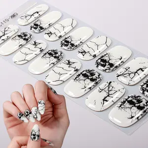 16 tips Halloween Gel Nail Full Wraps, White Nail Strips, Skull&Cracks Design, Long-Lasting Self-Adhesive Full Nail Stickers, One Time Use, Suitable for Women And Girls, No Requiring UV Curing, Easy to Apply Remove, High-Quality, Decorations Nail