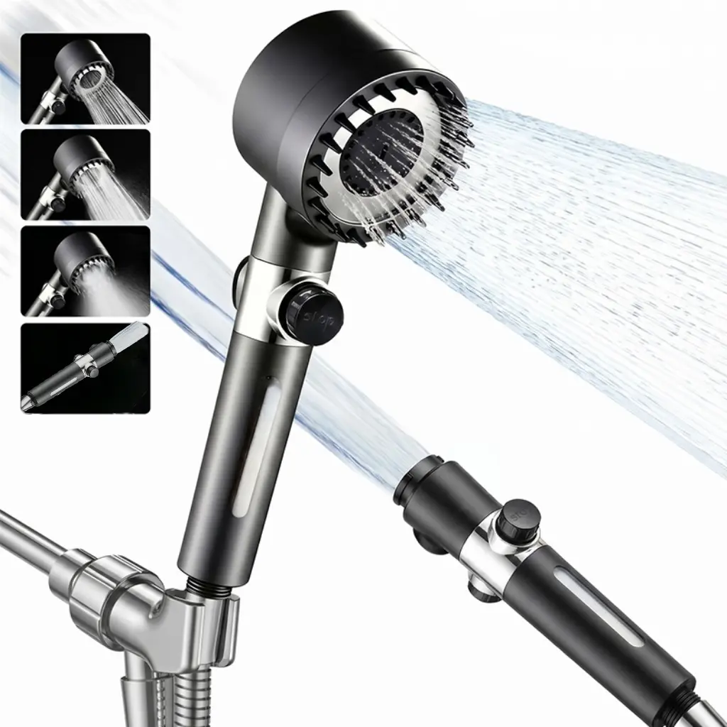 3-Piece Pressurized Handheld Shower Head Set, 4 Spray Modes, 1-Button Stop, Filter Element Included, Spray Gun Function, Scalp Massage Compatible Multi-Function Bathroom Shower Equipment ducha alta presión High Pressure Massage Handheld Shower showerhead