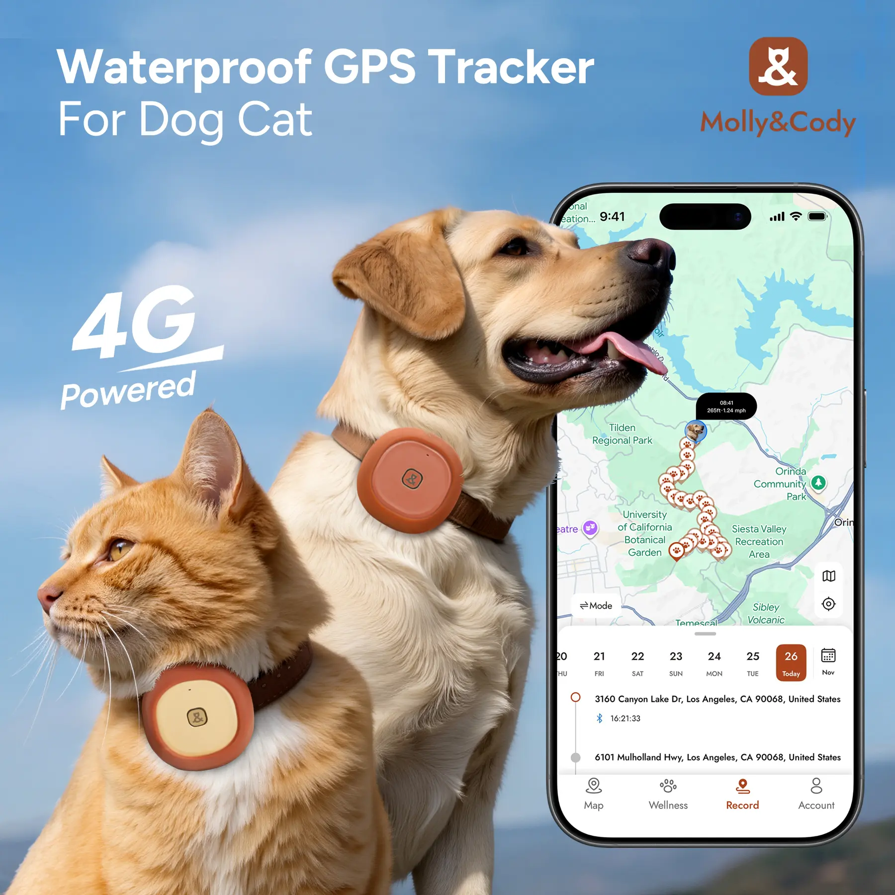 Molly&Cody GPS + Bluetooth Smart Tracking Tag for Cats & Dogs - Real-Time Tracking, Virtual Fence, IP67 Waterproof, Health Monitoring, iOS/Android Compatibility, GPS Sensor - Subscription Required
