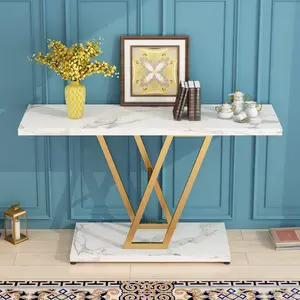 Gold Marble Console Table – Perfect for Entryway, Living Room, Hallway & Sofa Back – Narrow Gold Metal Frame, Faux Marble Top, V-Shaped Legs, 330 lbs Load Capacity, Easy 30-Min Assembly