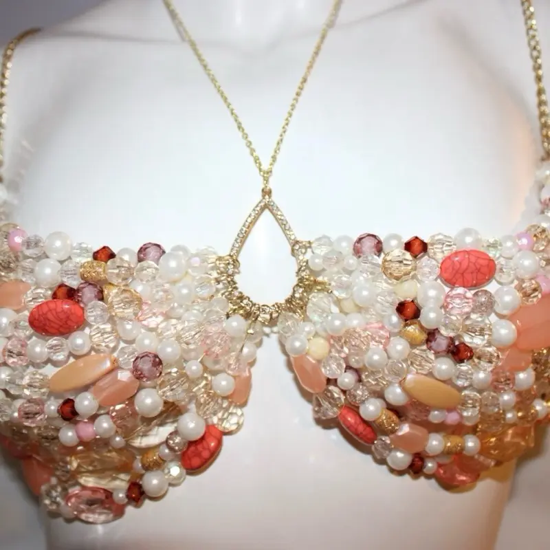 DEVOIRBYDV Women's Beaded Luxe Bra - Handmade Beads, Layered Details, Pearls Gems, Off Shoulder Womenswear Top for Elegant Style, Off Shoulder Tops