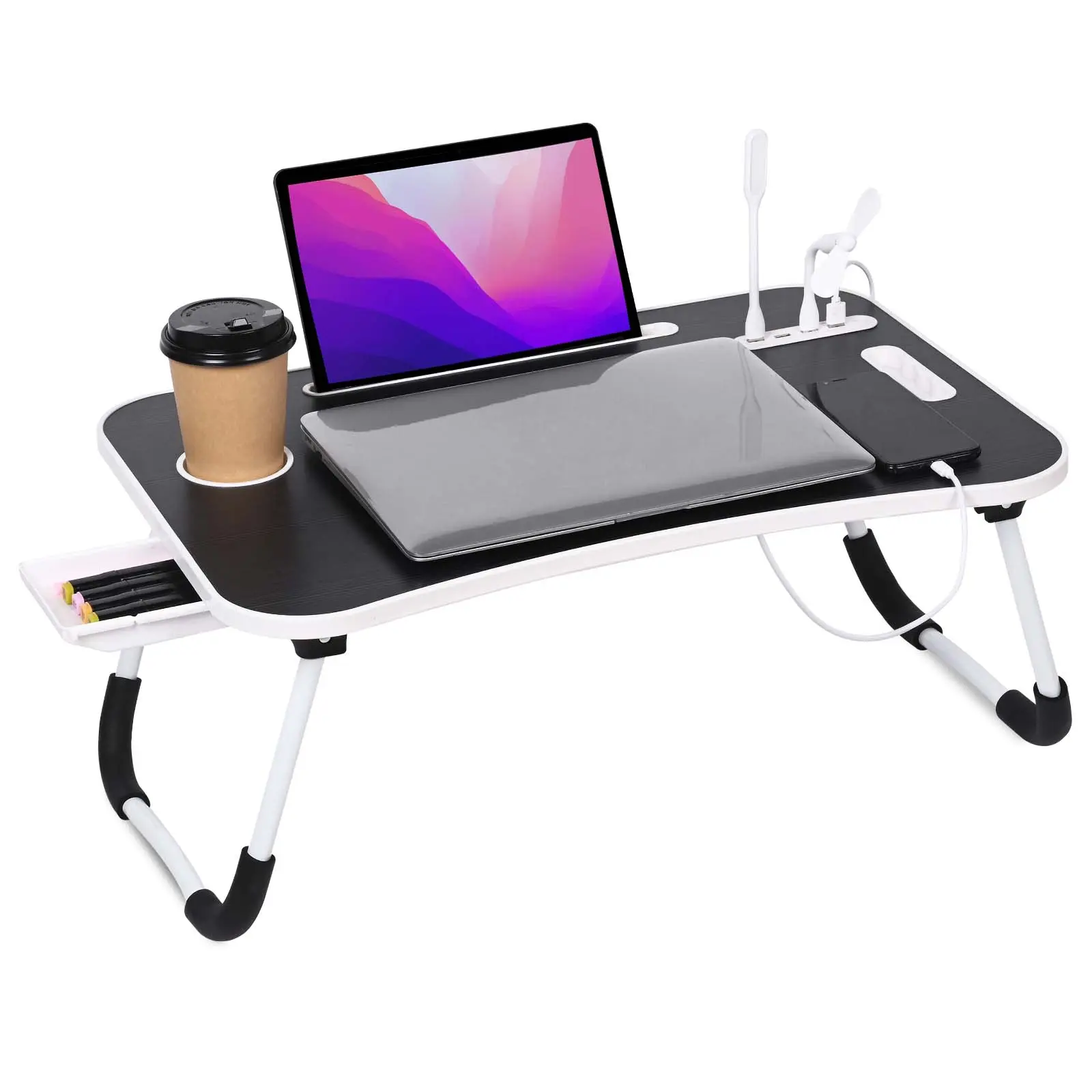 23 Inch Foldable Portable Laptop Bed Desk Tray with Storage Drawer, 4 USB Charging Ports & Cup Holder, Multi-Function Lap Table for Working, Reading, Writing, Dining & Watching Movies on Bed, Sofa, Couch and Floor