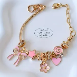 [1pc Pink Heart Charm] 1pc Pink Bowknot Heart Charm Bracelet, Ballet Style Adjustable Zinc Alloy Rhinestone Mosaic, Cute Coquette Daily & Party Accessory, All-Season Jewelry