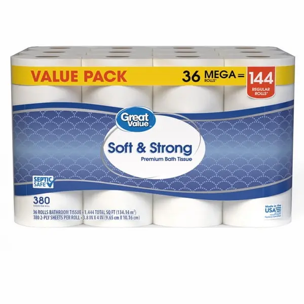 Soft & Strong 2-Ply Toilet Paper, 36 Mega Rolls, 380 Sheets