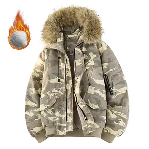 Men's Plus Size Camouflage Jacket with Removable Hooded Faux Fur Collar, Thick Warm Casual Coat, Windproof Wrinkle-Free Outdoor Sportswear Long Sleeve