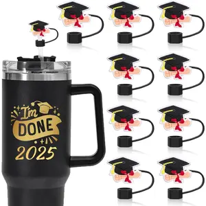 10 count Graduation Cap Straws Cover Black Grad Hat with Red Bow  Straw Topper 0.4 Inch Straw Tip Lid Protector for 30/40 Oz Tumbler Cup Accessories Party Decor