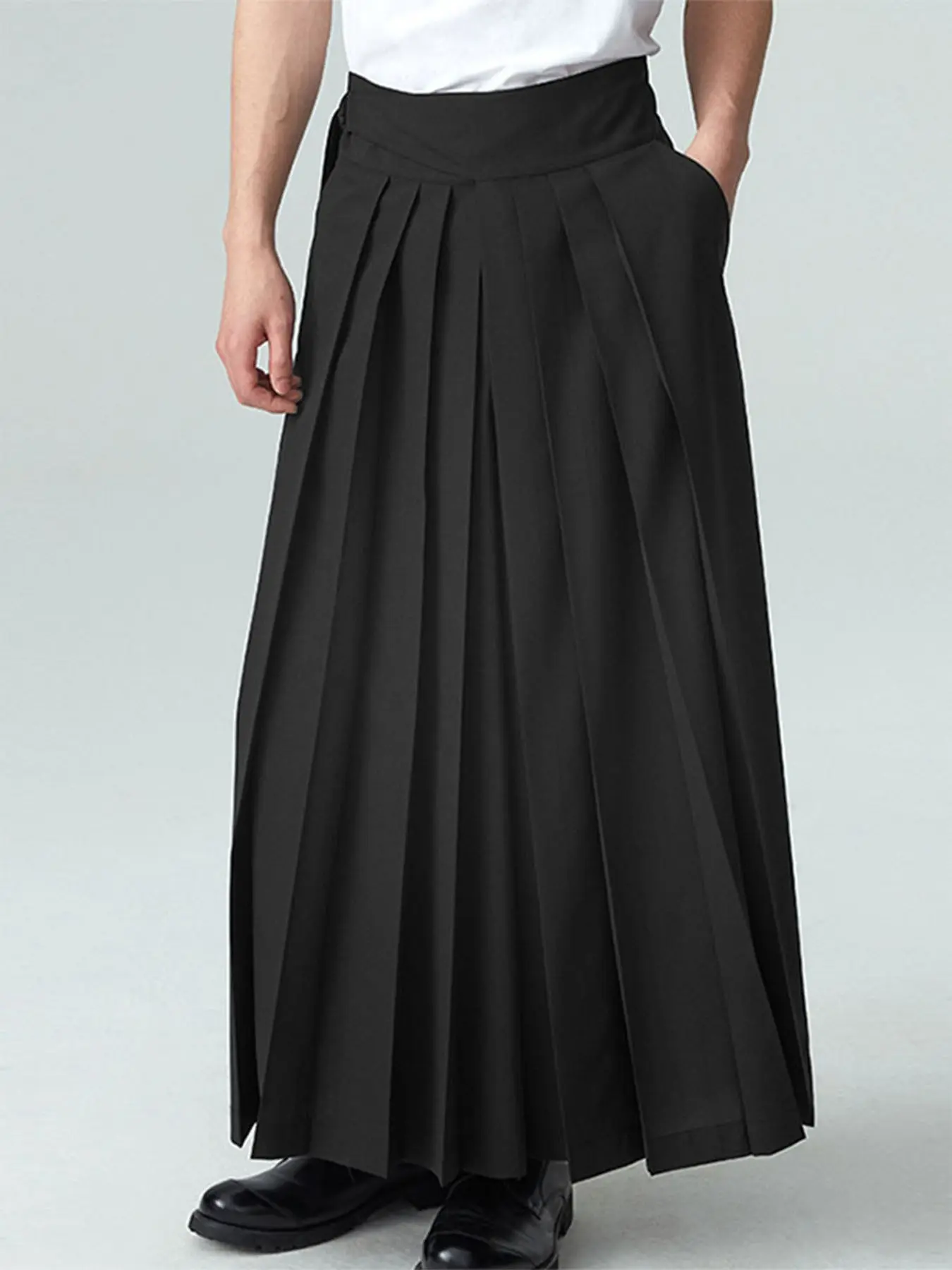 INCERUN Men's Solid Color Pleated Mid Waist Wide Leg Loose Skirt Pants, Casual Relaxed Fit, Chic Comfy Pants, Comfortable Daily Wear, Stylish and Versatile, Perfect for Casual