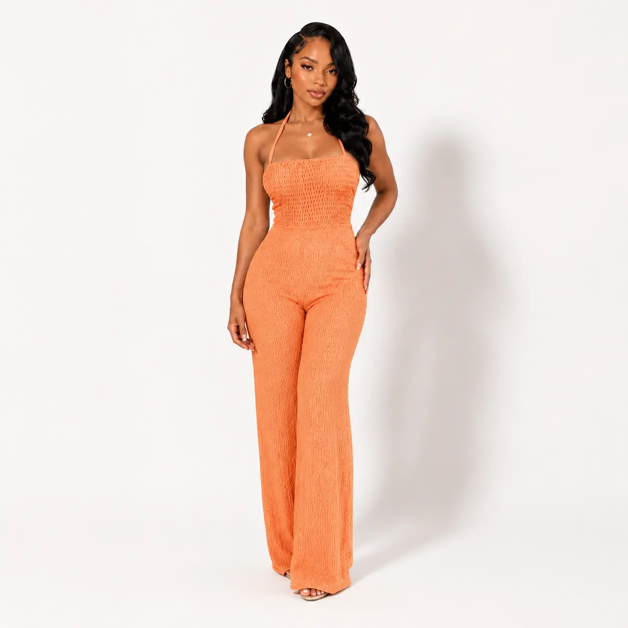 Women's Solid Color Halter Neck Wide-Leg Polyester Overalls, Stylish Women's Apparel Top-Integrated Jumpsuit Fashion Womenswear