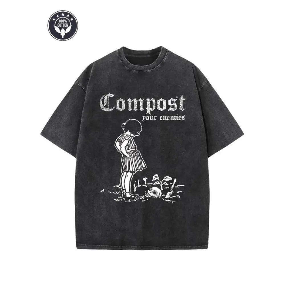 Compost Your Enemies" pattern printed heavy 230g washed cotton T-shirt -loose dropped shoulder vintage street style top, suitable for parties, beaches, and casual outfits, durable fabric vintage T-shirt