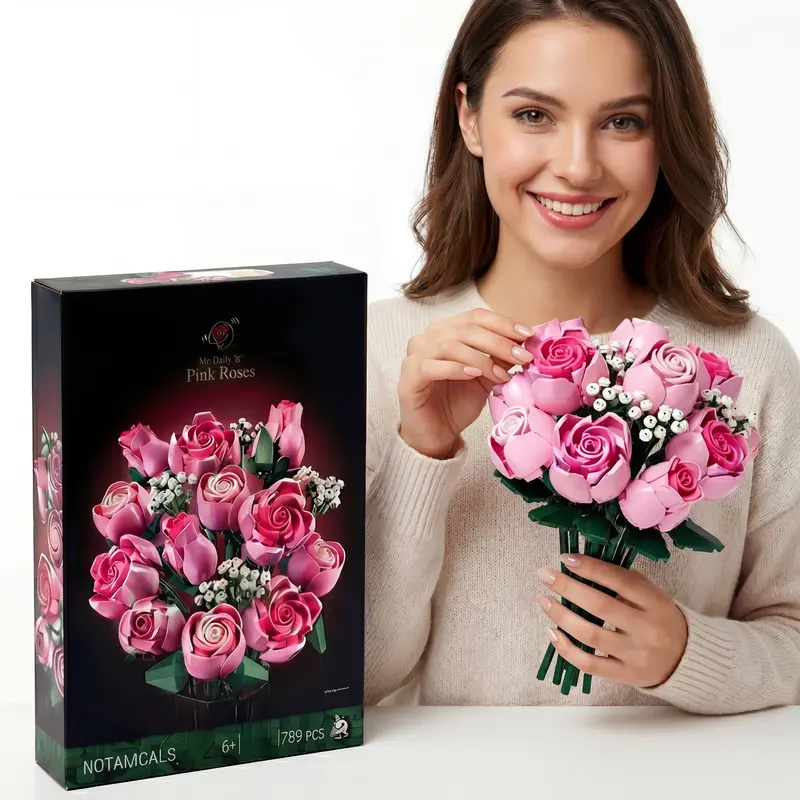 Pink Rose Flower Bouquet Building Set, 789 PCS Botanical Collection Building Blocks, DIY Artificial Flowers for Home Office Room Decor, Adult Building Toys, Gift for Girls Mom Teachers, Romantic Floral Arrangement, Never Withered Flowers Mother's Day