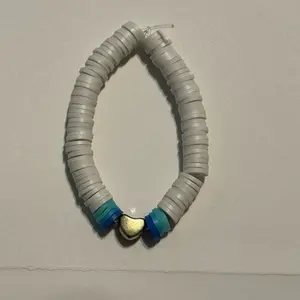 Extra Small Blue and White Heart Charm Clay Bead Bracelet with Unique Design and Color Scheme