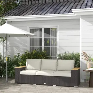 Outsunny Patio Couch PE Wicker Deep Seating Outdoor Sofa with Removable Cushions, 3 Seater Rattan Sofa, Outdoor Furniture for Balcony, Deck, Garden and Poolside