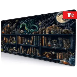 Dark Mystic Dragon Pattern and Chaotic Bookshelf Design Gaming Mouse Pad, Vintage Style with Non-Slip Durable Stitching, Washable Desk Mat for Fantasy Lovers, Computer Mat, Non Slip Mousepad, Mouse Pads for Desk