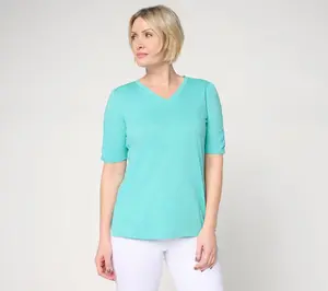 Belle Beach by Kim Gravel Slub Knit Ruched Elbow V Neck Top