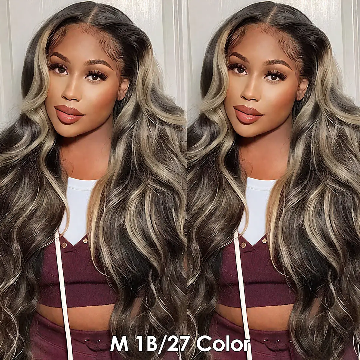 Pizazz Hair 1B/27 Highlight Body Wave Lace Front Wigs 8x5 Glueless HD Transparent Lace Frontal Wigs for Women Honey Blonde Ombre Lace Front Wig Human