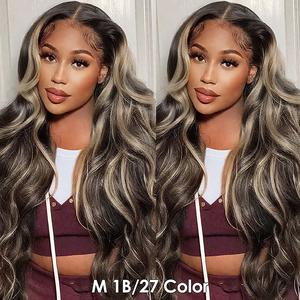 Pizazz Hair 1B/27 Highlight Body Wave Lace Front Wigs 8x5 Glueless HD Transparent Lace Frontal Wigs for Women Honey Blonde Ombre Lace Front Wig Human Hair Body Wave 220% Density