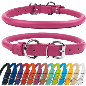 Collardirect Rolled Leather Dog Collar, Soft Padded round Puppy Collar, Handmade Genuine Leather Collar Dog Small Large Cat Collars 13 Colors (6-7 Inch, Pink Textured) CollarDirect