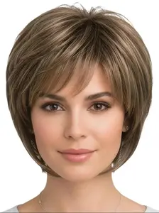 Synthetic Full Machine Short Bob Wig - Heat Resistant, Light Brown Base with Mixed Blonde Highlights, Bangs, Adjustable Cap, Lightweight Fit, Tousled Look | Fashion Hair Accessory