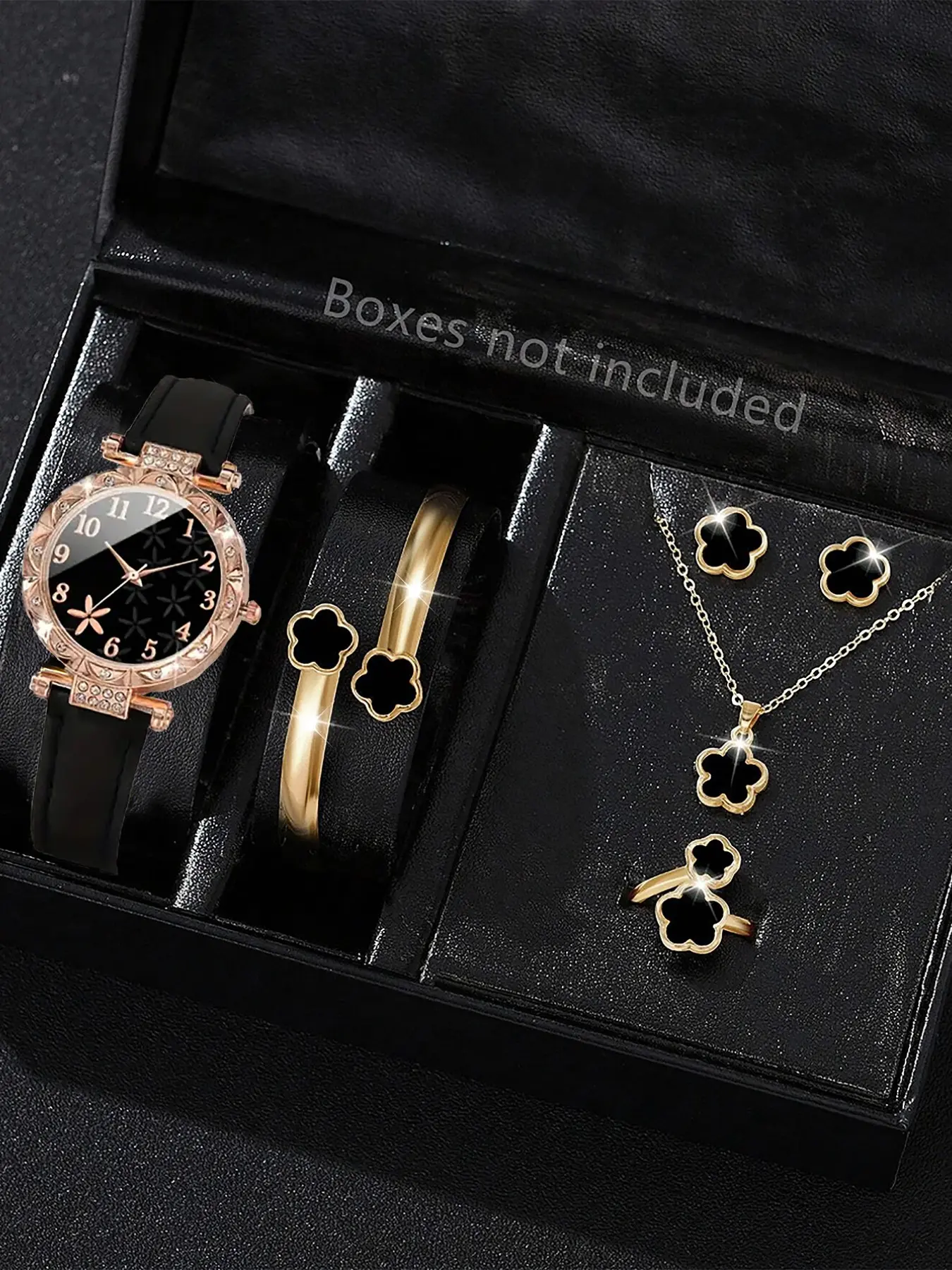 Women's Quartz Watch Set, Round Leaf Pattern Case, PU Leather Strap, Includes Bracelet, Necklace, Earrings, Ring, Casual Style, Jewelry Set