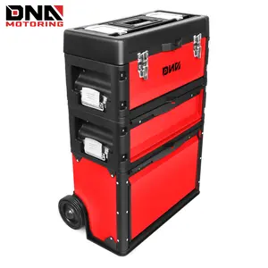 DNA MOTORING 3-Tier Stackable Separate Hand Case Tool Boxes Trolley 3-in-1 Storage Compartments 19.5" x 12" x 28.5" Industrial Heavy Duty Portable Rolling Tool Box with Built-in Trolly Wheels