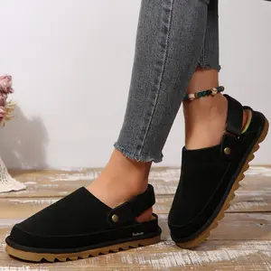 Women's Casual Clog Sandals Suede Upper Thick Non-Slip Sole Adjustable Ankle Strap Indoor Outdoor Shoes