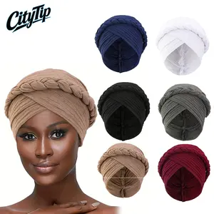2Pcs Pre-Tied Braided Turban Set For Women, Thickened Pleated Twist Bohemian Headscarf Hat, Soft Stretch Ethnic Style Turban Headwrap, Ideal For Daily Modest Outfit Party Travel