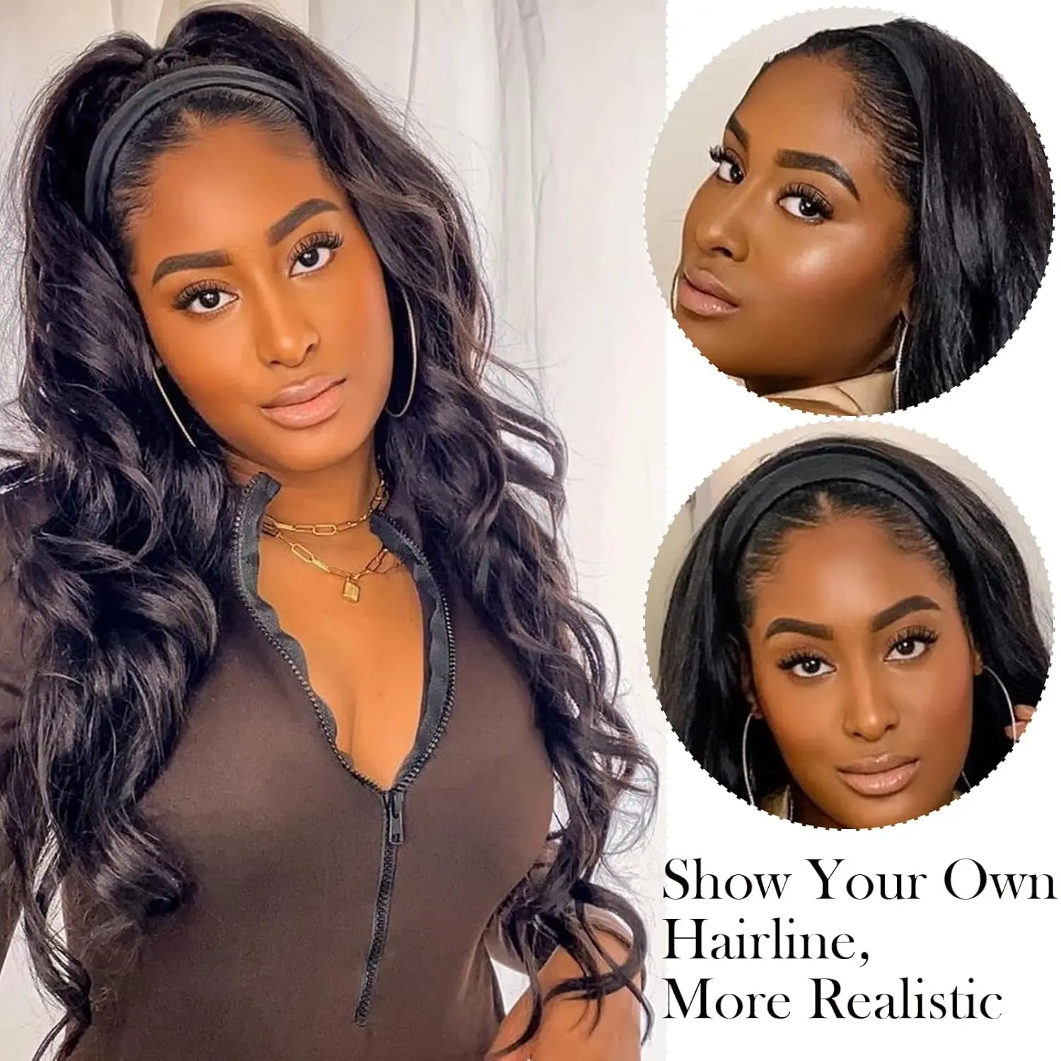 Glueless Headband Wig for Black Women, 24 Inch Long Body Wave Synthetic Hair, Natural Looking & Beginner Friendly for Daily Wear, Glueless Wig, Headband Wigs