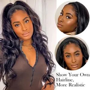Wear and Go Glueless Headband Wig 24 inch Long Black Cheap Body Wave Headband Wigs for Black Women Synthetic Natural Looking for Women Party Daliy Use
