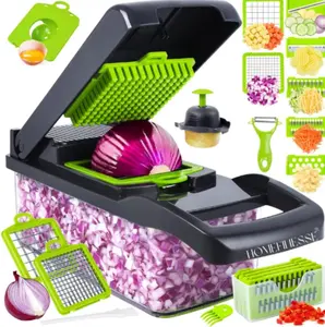 Vegetable Chopper, 14-in-1 Multifunctional Food Chopper, 8 Blades Vegetable Slicer, Onion Chopper Vegetable Cutter & Adjustable Veggie Slicer, Potato Dicer Chopper, Container for Salad Garlic | Grey