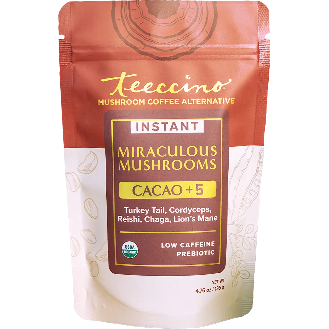 Teeccino Miraculous Mushrooms Cacao +5 Instant Organic Mushroom Coffee Alternative with 5 Potent Adaptogens & Organic Peruvian Cacao 4.76 oz