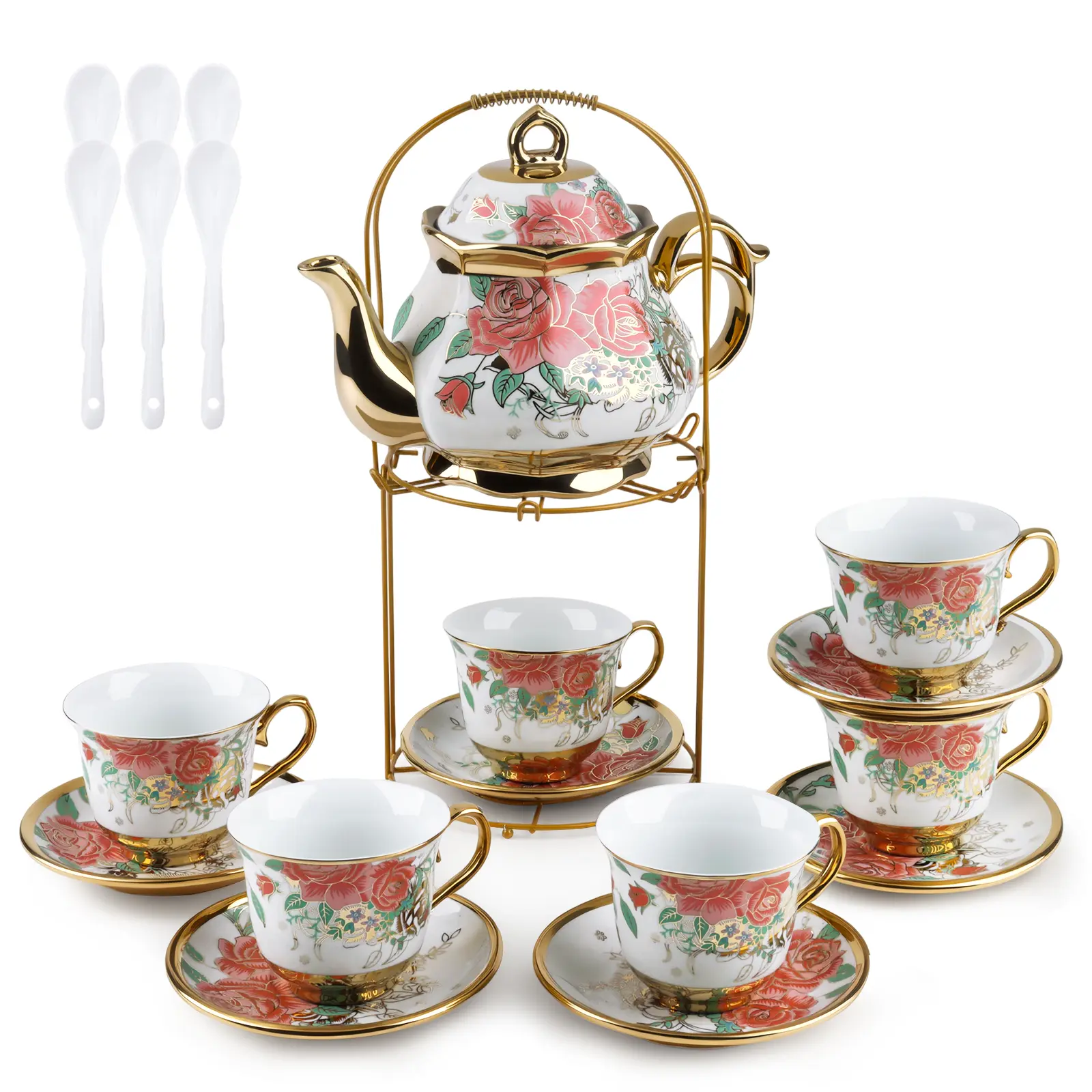 Modern Floral Print 20-Piece Red Rose Ceramic Coffee Set - Large Double-Handle Pot, 6 Porcelain Spoons, 6 Cups & Saucers, Home Gift Kitchen Drinkware