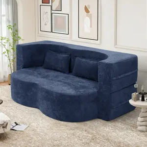 78" Convertible Sofa Bed with Pillows Queen Sleeper Sofa,Foam Folding Mattress Sleeper Modern Teddy Fabric Floor Cushion and Futon Chaise Lounge Sofa,For Apartments,Guest Rooms,Guest Use,Condo,Blue