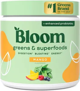 Bloom Nutrition Superfood Greens Powder, Enzymes with Probiotics and Prebiotics, Gut Health, Bloating Relief for Women, Chlorella, Green Juice Mix with Beet Root Powder, 30 SVG, Mango