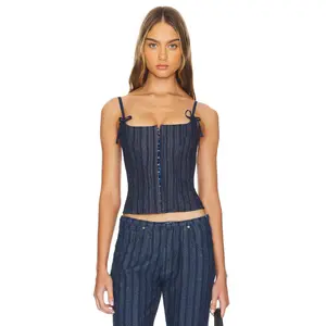 LIONESS Charismatic Denim Corset in Dark Pinstripe Dark Denim