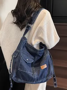 Simple retro denim shoulder bag, multi-pocket workwear style messenger bag, washed and distressed craftsmanship, retro casual messenger bag, Denim crossbody bags, suitable for daily commuting, shopping, outdoor travel, etc.