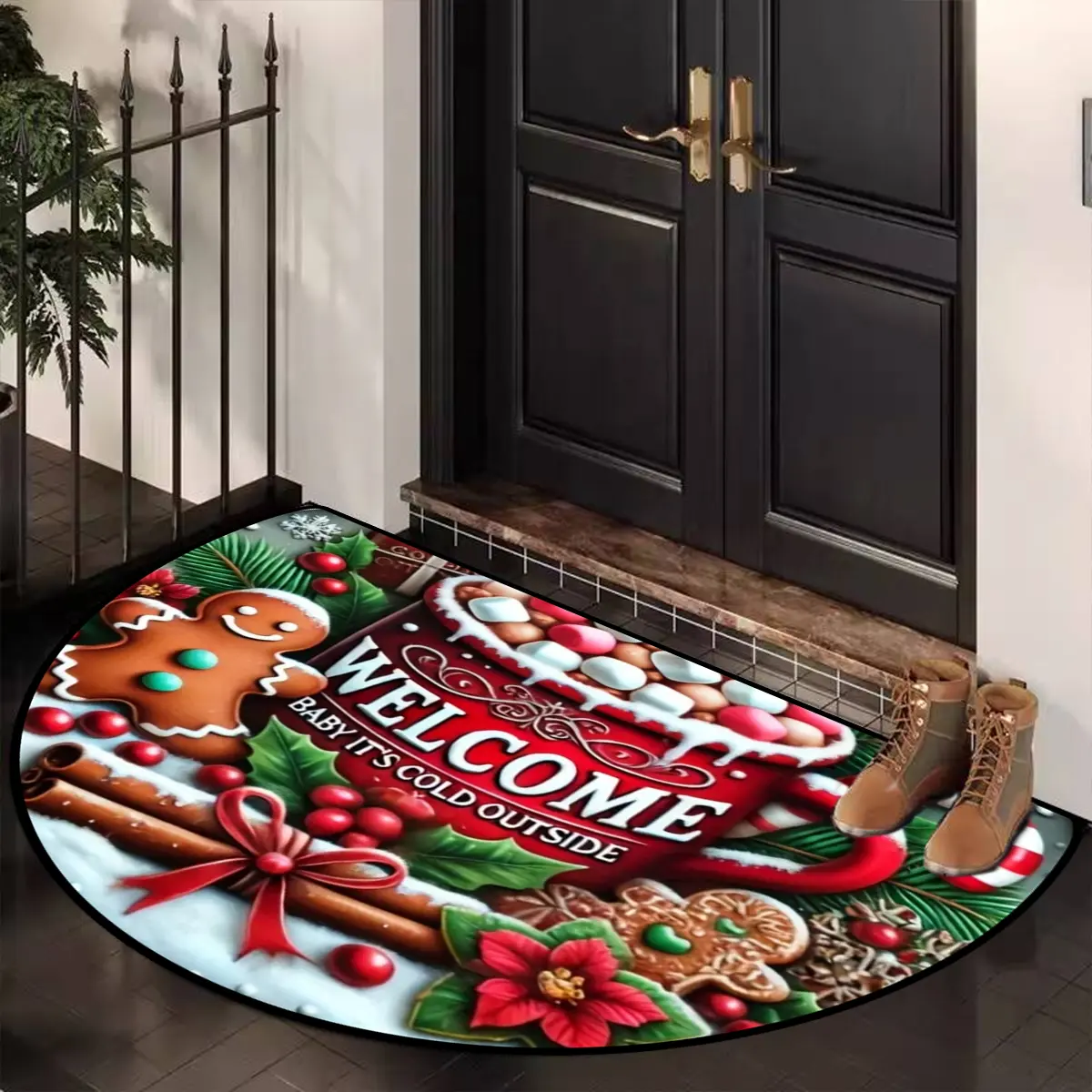 Large Christmas Theme Door Mat, Cookie Man and Letter Pattern, Indoor Outdoor Decor, Reflective Short Velvet Rug, Christmas Gift