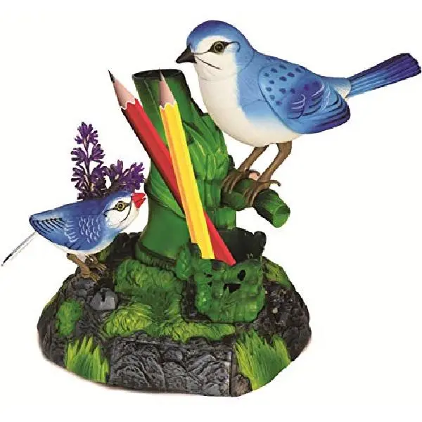 Haktoys Realistic Chirping Bird Decorative Accessory, Sound-Activated Interactive Bird with Natural Sounds, Desk Organizer with Pen Holder & Mini Drawer, Lifelike Home-Office Desk Decor