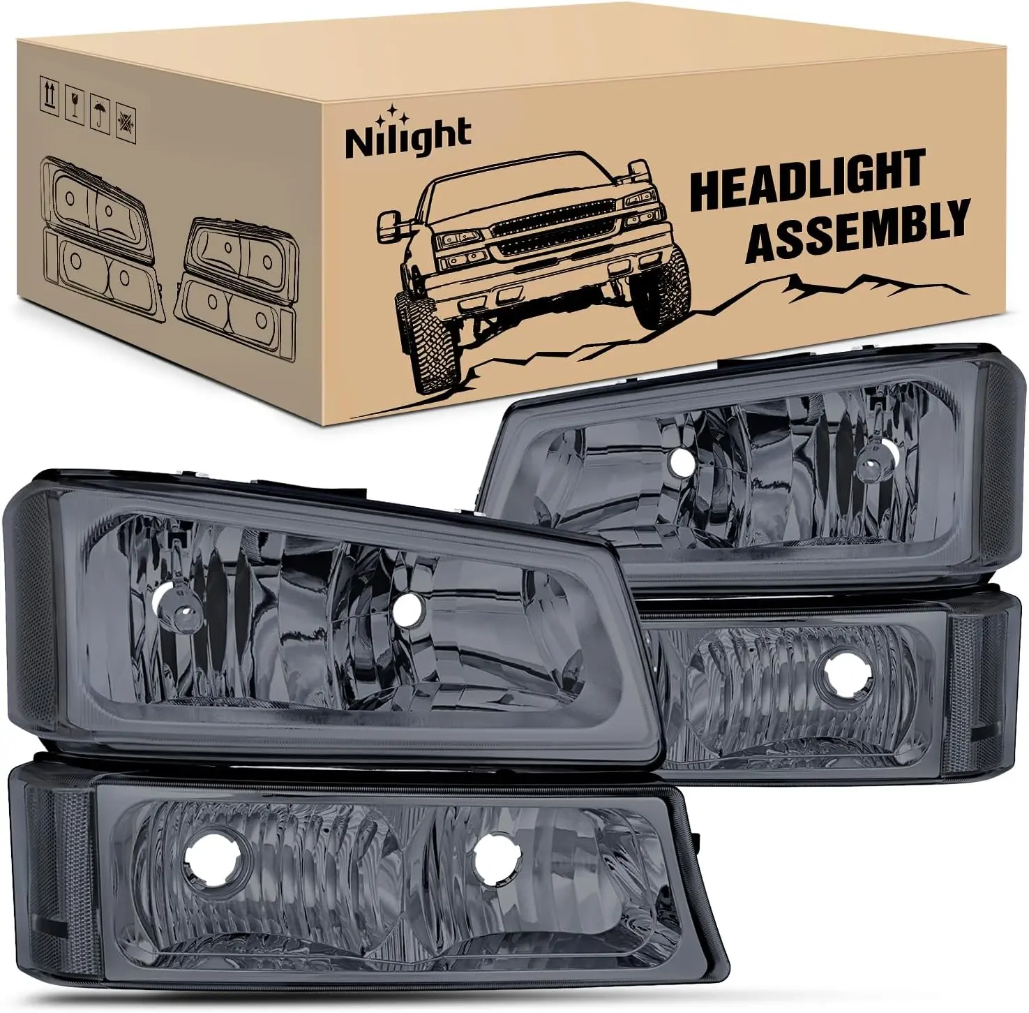Nilight Waterproof Sealed OE Standard DOT/SAE ABS Plastic Headlight & Bumper Lamp Set for 2003-2006 Chevy Silverado/Avalanche 1500,1500HD,2500,2500HD,3500 & 2007 Silverado Classic 1500 Chevrolet Pickup Replacement Housing, Car Lighting, Plug-N-Play, Easy