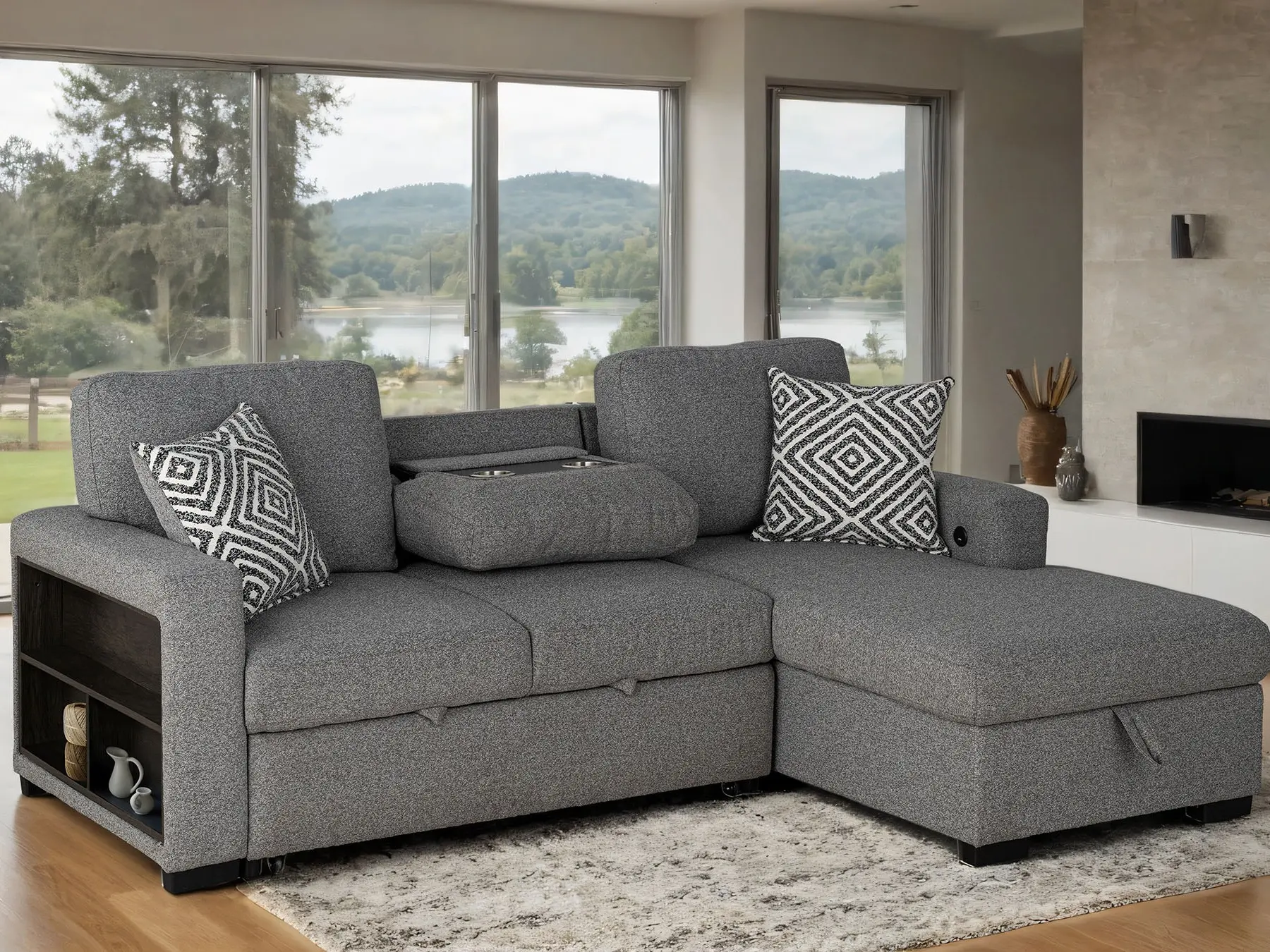 CHATHAM Contemporary Sectional Sofa with USB Charging Ports and Chaise with Storage