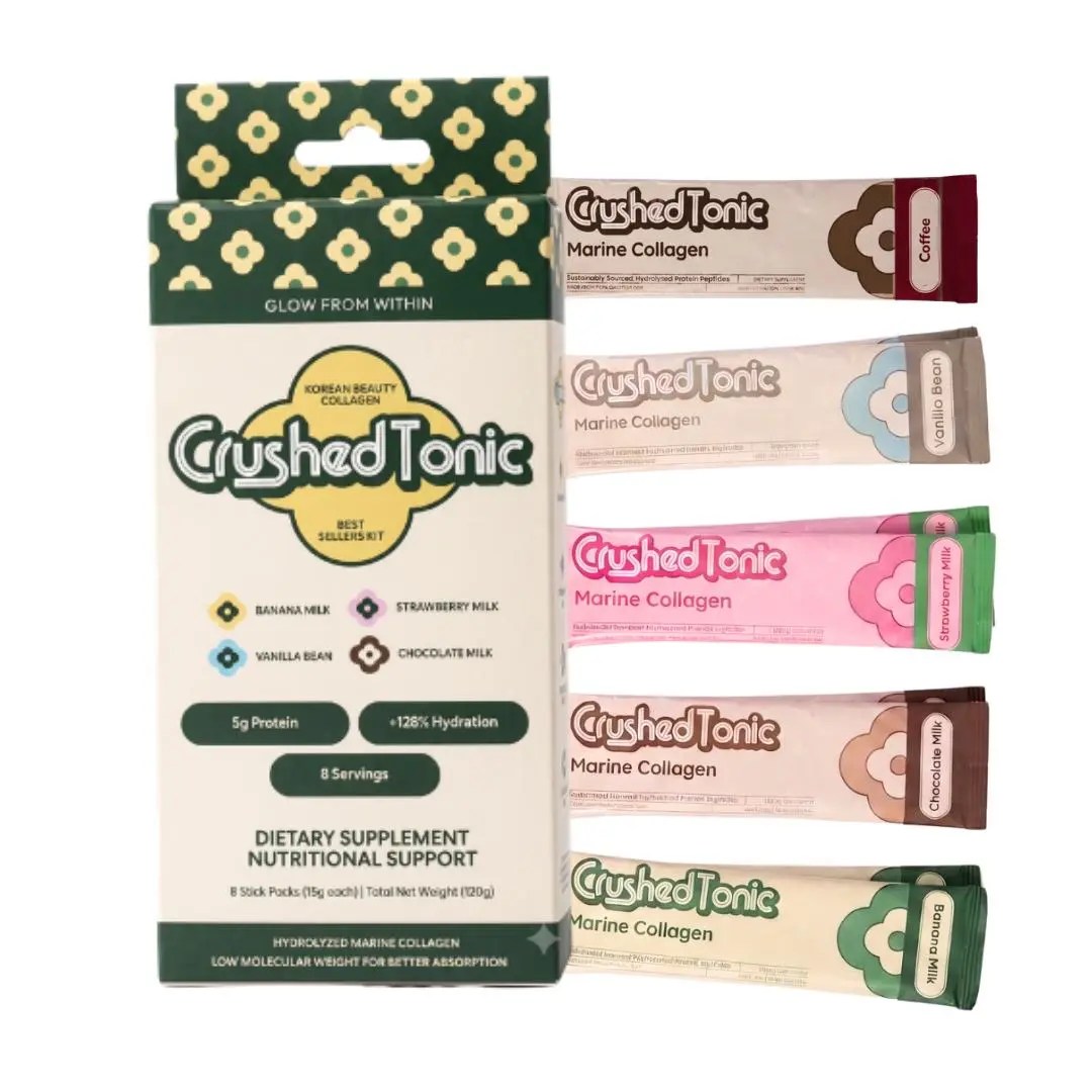 Crushed Tonic Best Sellers Kit – Marine Collagen Discovery Sample Sticks – 9 -Count Sampler – Banana, Strawberry, Chocolate & Vanilla Milk – Gluten Free Non-GMO Skin Hair & Nail Beauty Supplement Drink Mix