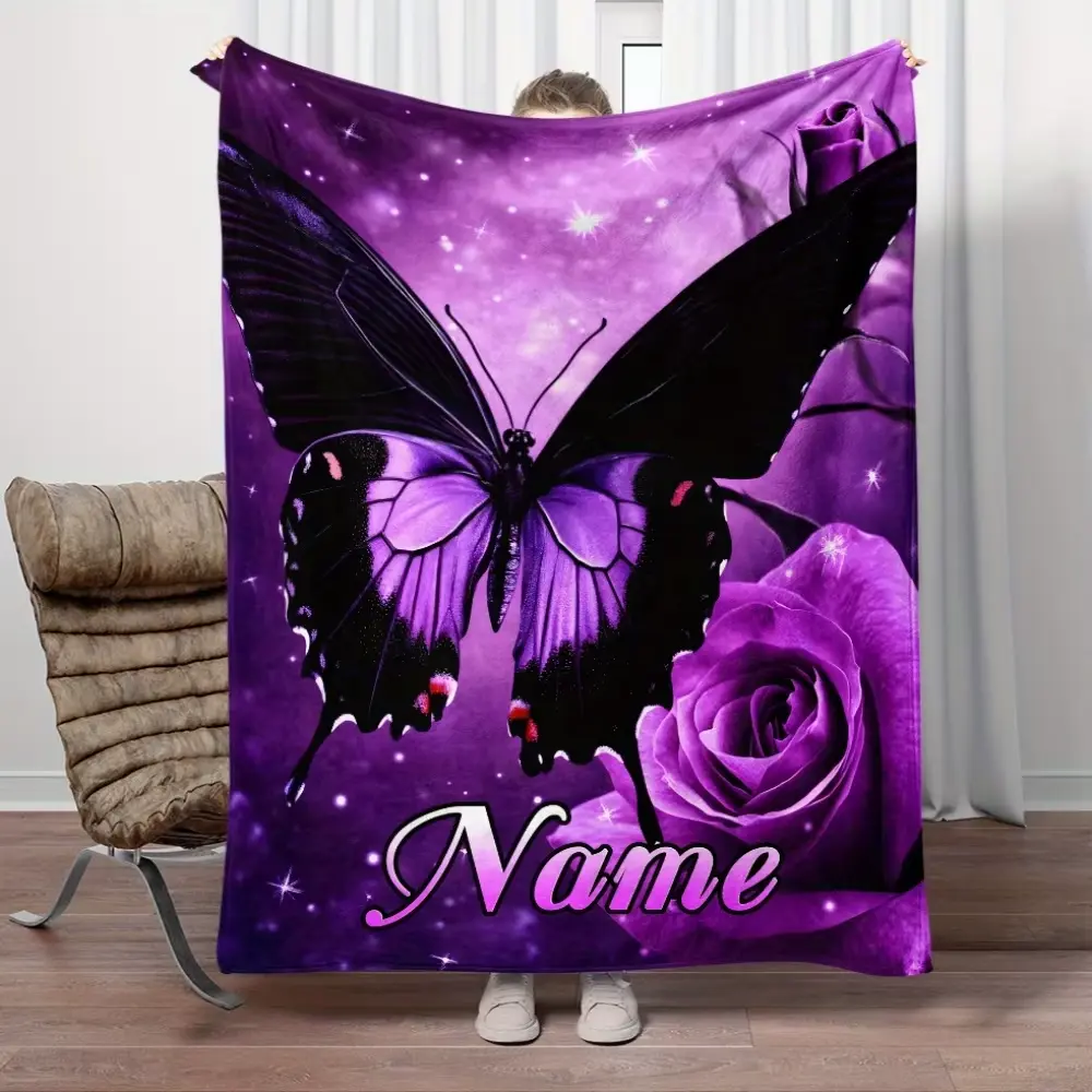 Customized Purple Butterfly Rose Sparkle Name-Print Flannel Cooling Blanket - Soft Cozy Home Textile Bedding Throw for Bedroom Sofa, Personalized Gift for Butterfly Lovers