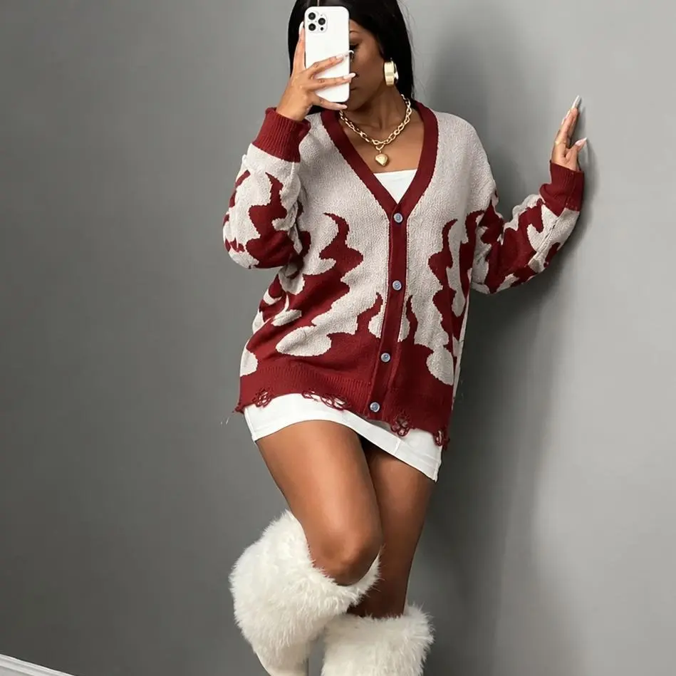 Womens Y2K Red Flame Graphic Cardigan Sweater Distressed Grunge E-Girl Streetwear Knit V-Neck Button Up Alt Oversized Fall Winter Ripped Ladies XS-XL