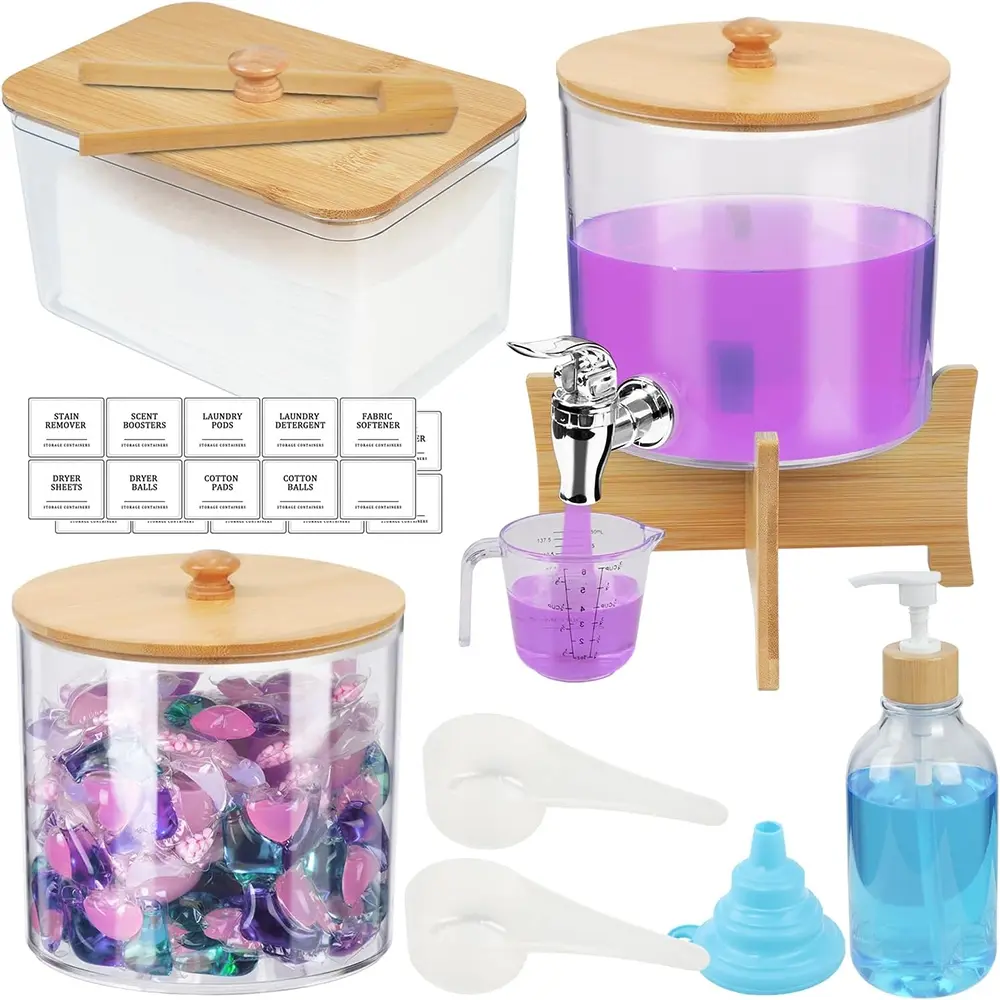 Transparent Acrylic Laundry Pod Multipurpose Storage Box with Labels, Bathroom Detergent Dispenser for Laundry Pods, Bath Salts, Fabric Softener, Container