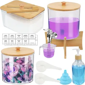 Transparent Acrylic Laundry Pod Storage Box with Labels, Bathroom Detergent Dispenser for Laundry Pods, Bath Salts, Fabric Softener, Container