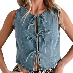 Women’s denim vest, casual loose fit, sleeveless, front tie, round neckline, spring/summer, basic slim fit, minimalist design, polyester