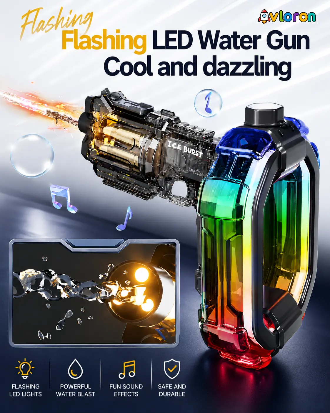 Avloron Rechargeable Automatic Squirt Watergun - LED Lights, Rotating Cylinder, Long Range, High Capacity, Safe Plastics, Futuristic Look (Batteries Included, 4+ Years Unisex Family Fun)