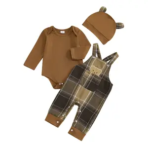 Baby Boy Clothes Newborn Infant Boy Outfits 2Pcs Solid Top Romper Plaid Pants Set Overalls Toddler Boy Clothes